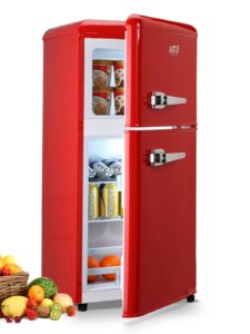 krib bling 3.5 cu.ft refrigerator with freezer double door 7 level adjustable thermostat for dorm, bar, office,kitchen, apartment red (kb02 fls-80g-red)