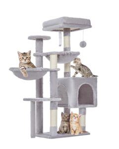 taoqimiao cat tree, 39.4-inch cat tower for indoor cats,suitable for kittens,plush cat condo with 5 scratching posts, plush perch,2 hammock,pompoms, ms019w light gray