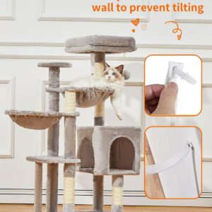 Taoqimiao Cat Tree, 39.4-Inch Cat Tower for Indoor Cats,Suitable for Kittens,Plush Cat Condo with 5 Scratching Posts, Plush Perch,2 Hammock,Pompoms, MS019W Light Gray