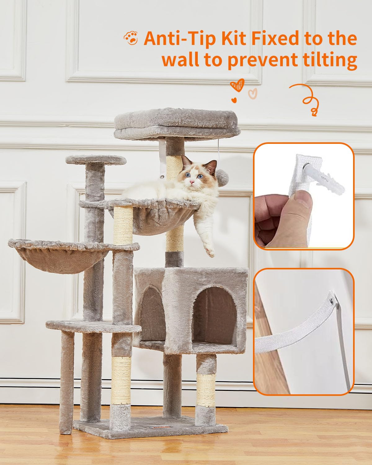 Taoqimiao Cat Tree, 39.4-Inch Cat Tower for Indoor Cats,Suitable for Kittens,Plush Cat Condo with 5 Scratching Posts, Plush Perch,2 Hammock,Pompoms, MS019W Light Gray