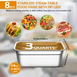 Suttmin 8 Pcs Hotel Pan with PP Plastic Lid Steam Table Pan Stainless Steel Restaurant Pans 1/4 Size Catering Pans Food Prep Pan Restaurant Anti Clogging Steamer for Buffet Hotel(4 Inch Deep)