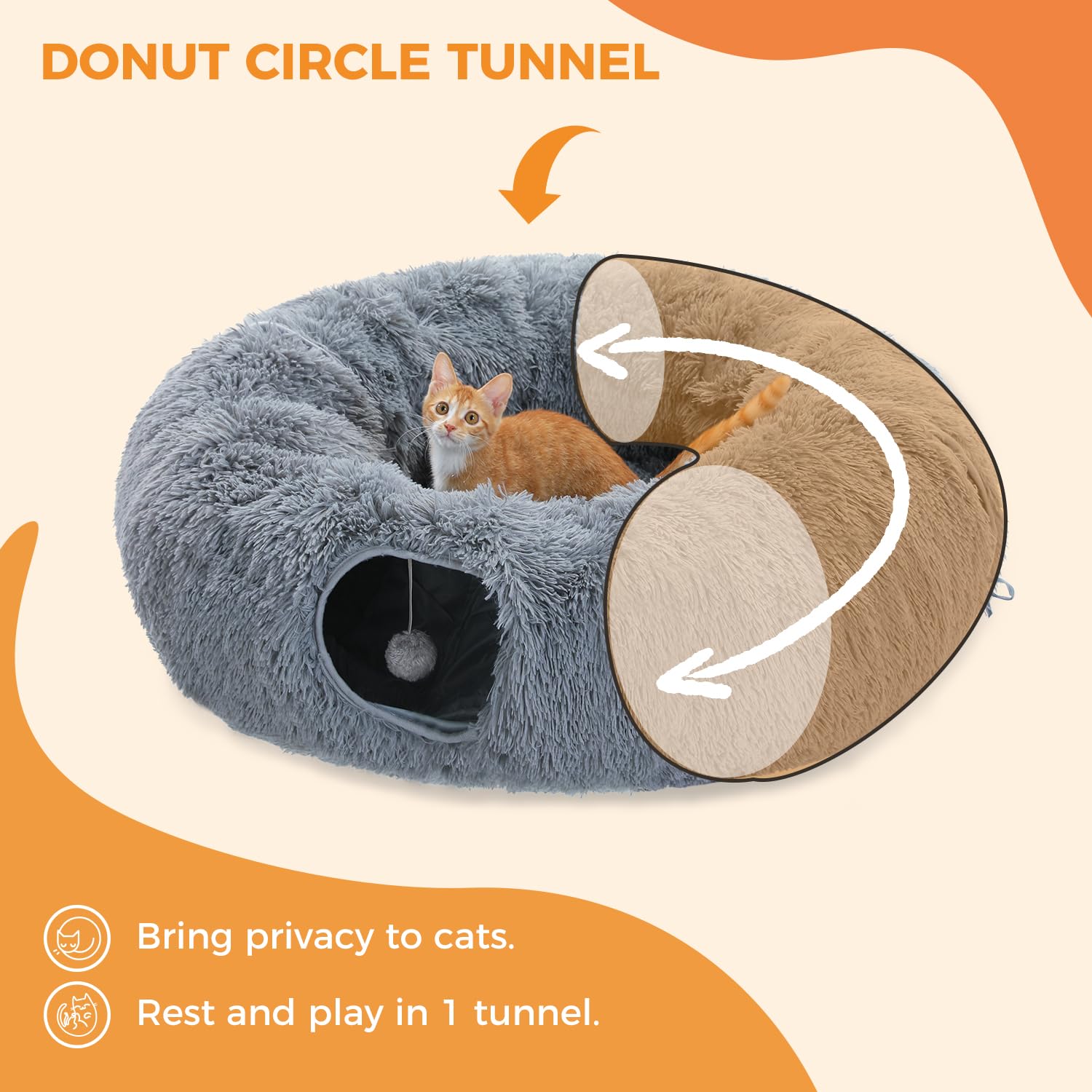 PAWZ Road Large Cat Tunnel, Cat Tunnel Bed with Central Soft Mat and Dangling Balls, Collapsible Fluffy Plush Cat Tube (9.8 Inches in Diameter) for Indoor Cats, Rabbits and Puppies