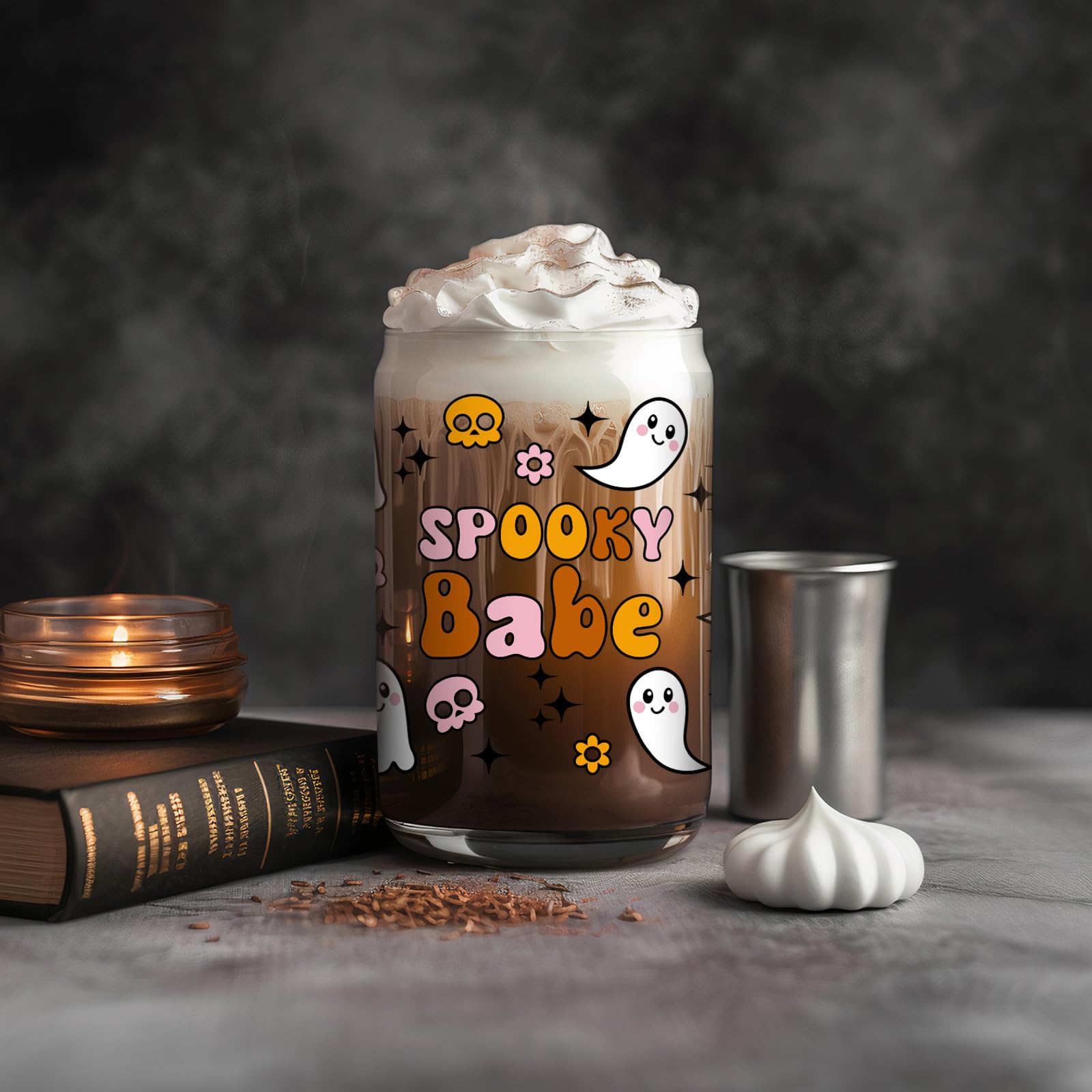 Fairy's Gift Halloween Spooky Cup, Cute Ghost Glass Cup with Lid and Straw, Spooky Babe & Ghost Skulls Halloween Cup, Spooky Ice Coffee Cup - Halloween Gifts, Spooky Gifts for Women, Teens, Her