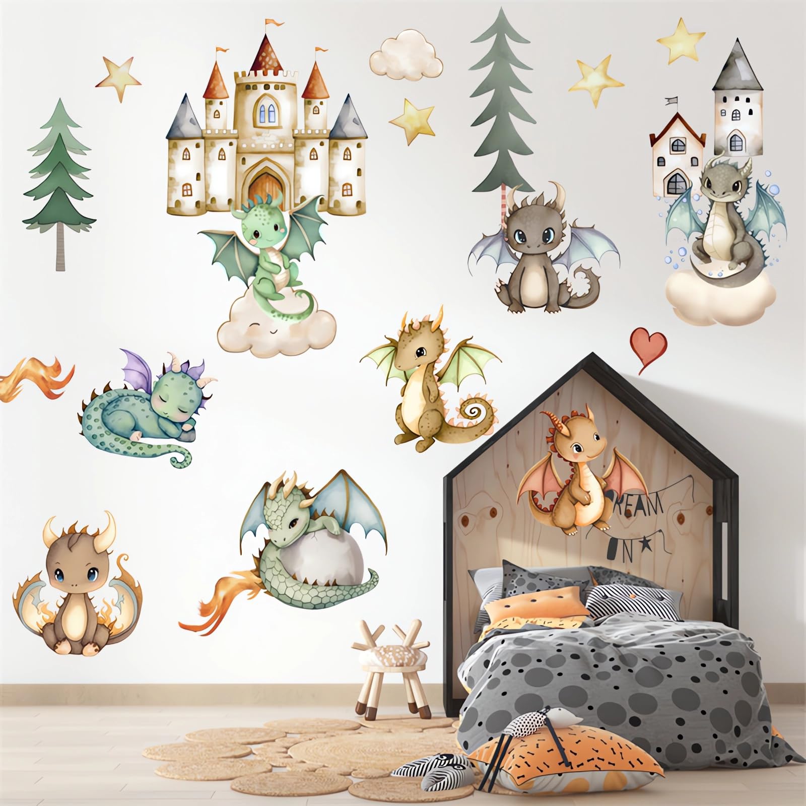 Cute Dinosaur Cub Wall Stickers, sacinora Baby Dinosaurs Cartoon Castle Animals DIY Wall Decals Removable Vinyl Peel and Stick for Boy Kids Nursery Living Room Bedroom Children's Room Art Decorations