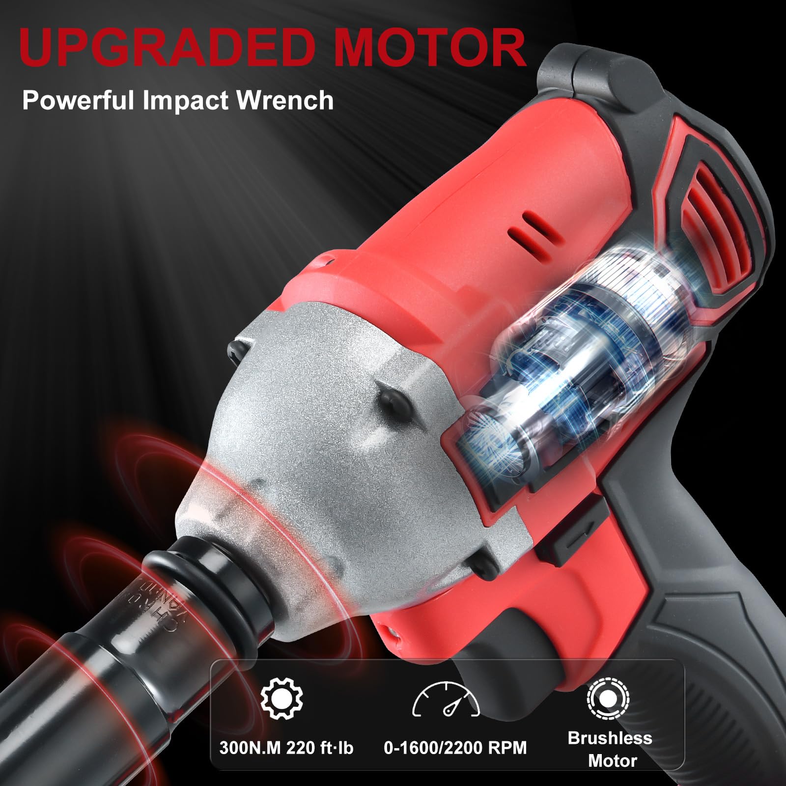 AOBEN Cordless Impact Wrench 1/2 inch,21V 300N.m Brushless Impact Gun with 4.0Ah Battery, Charger & 6 Sockets,Electric Impact Wrench for Car Home