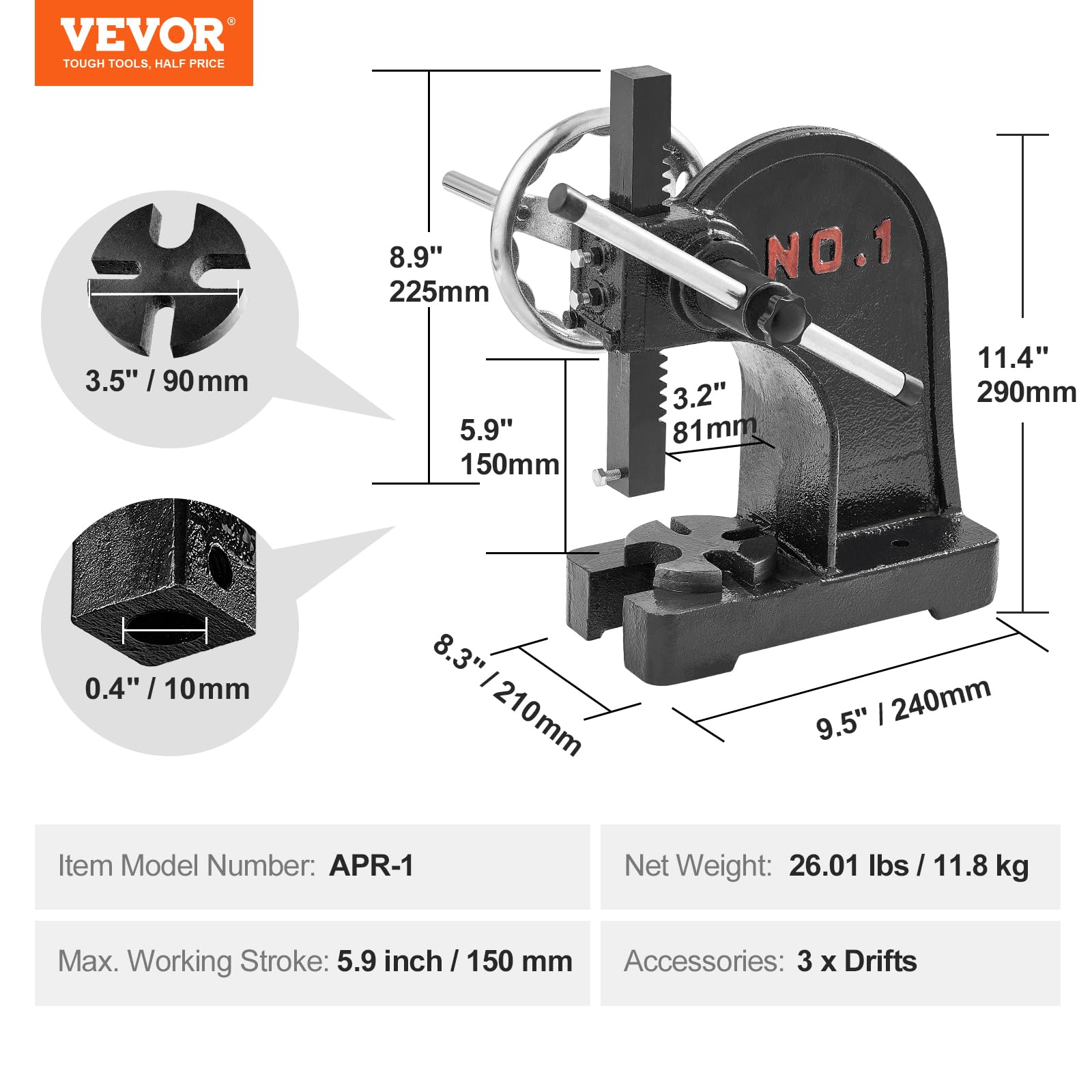 VEVOR Arbor Press, 1 Ton Manual Arbor Press with Handwheel, 5.9" Maximum Height, Cast Iron Heavy-duty Manual Desktop Arbor Press, Precision Hand Press for Stamping, Bending, Stretching, Forming