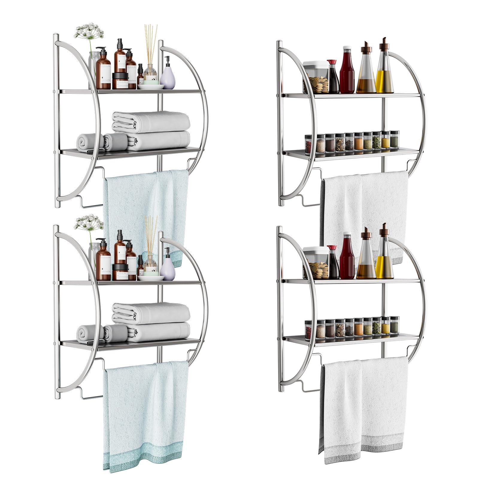 S AFSTAR 4 Pack Bathroom Towel Racks with Shelf, 2-Tier Metal Towel Racks with Leaky Design Shelves & Towel Bars, Wall Mounted Shelf Racks for Living Room Kitchen Bathroom, 18" W X 10" D X 22" H