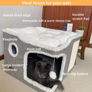 Heerduos Cat Bed for Indoor Cats,Covered Cat Cave House & Furniture with Scratch Pad,Foldable Cat Hideaway Hut Cute Cat Condo with Soft Washable Mat for Multi Small Pet Under 30 lbs,Light Grey