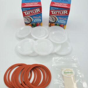 Reusable Canning Lids Bundle Includes 24 Regular Mouth Tattler Lids and Rings and 24 Dissolvable Sunivale Jar Labels For Use With Hot Water Bath, Vacuum Sealer and Pressure Canning Methods Made in USA