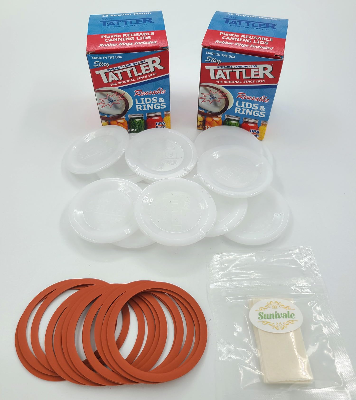 Reusable Canning Lids Bundle Includes 24 Regular Mouth Tattler Lids and Rings and 24 Dissolvable Sunivale Jar Labels For Use With Hot Water Bath, Vacuum Sealer and Pressure Canning Methods Made in USA