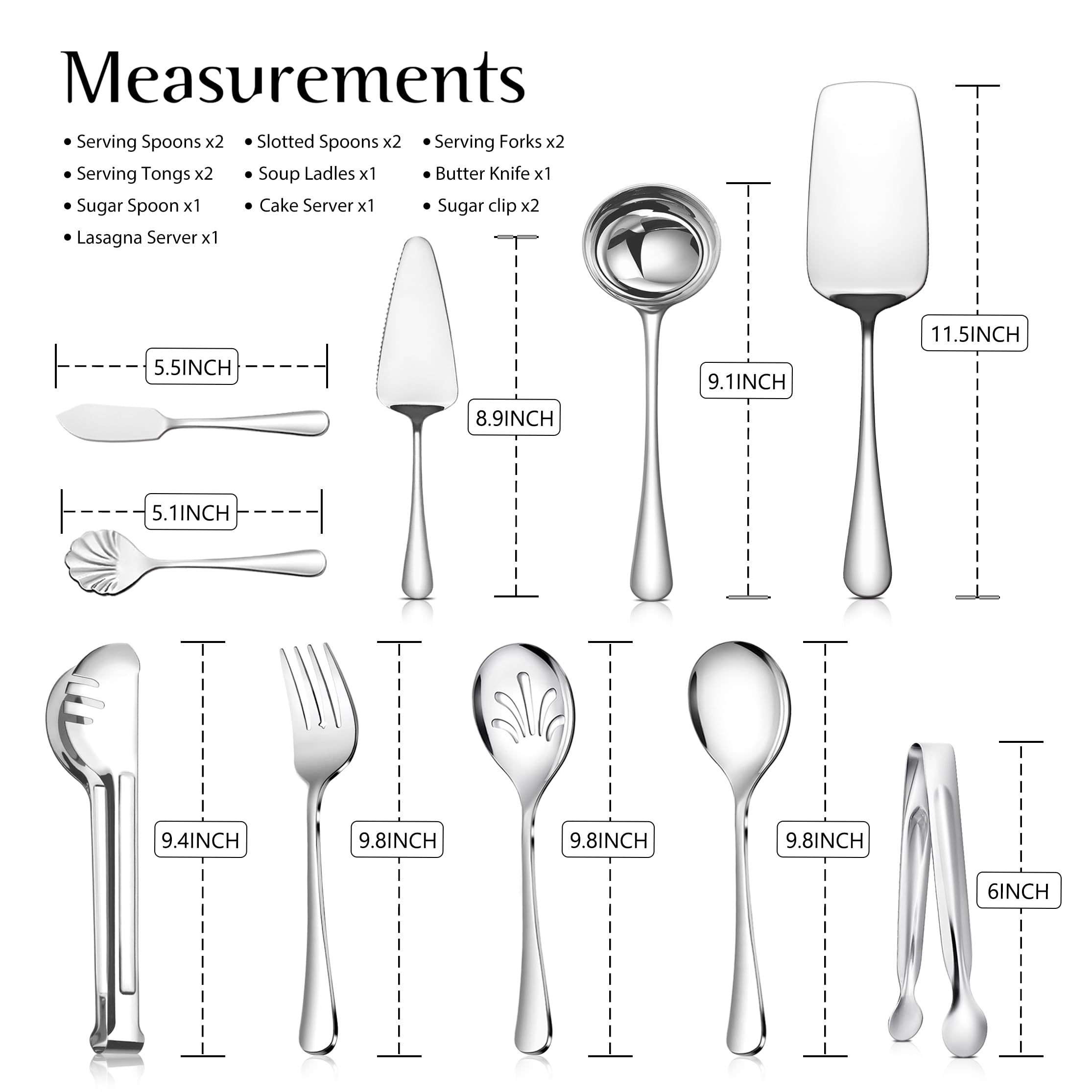 Teivio 15PCS Stainless Steel Large Serving Utensils - Serving Spoons/Forks/Tongs,Slotted Spoons,Soup Ladles,Butter Knife,Sugar Spoon,Cake Server,Lasagna Server(Spatula),for Buffet/Chafing Dish,Silver