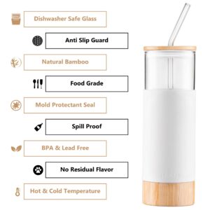 Premium 20oz Glass Tumbler Cup with Straw and Bamboo Lid & Base with Protective Silicone Sleeve - BPA Free - Growler Water Bottle Reusable Drinking Glasses Cup for Iced Tea, Coffee, Smoothie - White