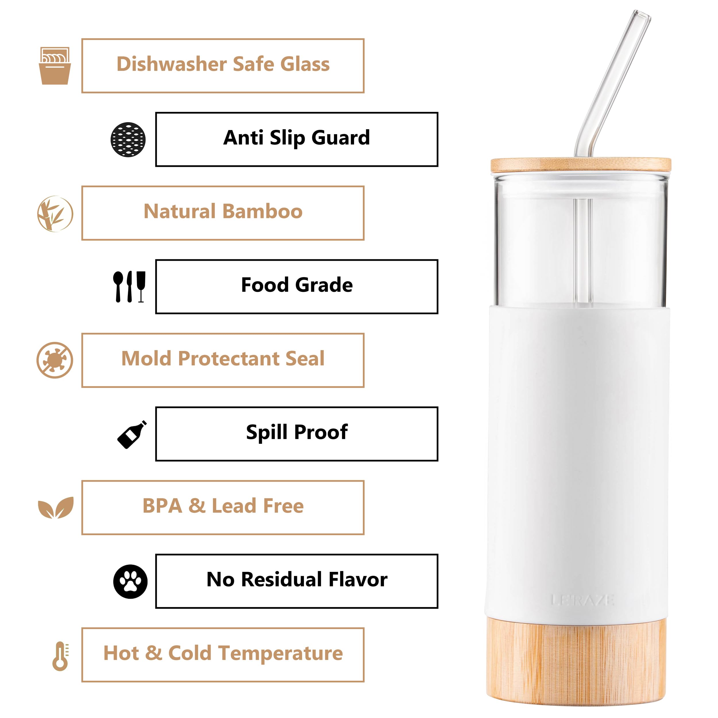 Premium 20oz Glass Tumbler Cup with Straw and Bamboo Lid & Base with Protective Silicone Sleeve - BPA Free - Growler Water Bottle Reusable Drinking Glasses Cup for Iced Tea, Coffee, Smoothie - White