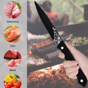 EUIRIO 8-Pieces Steak Knives,Matte Black Steak Knives Set of 8,Stainless Steel Serrated Steak Knives,Full Tang Triple-Riveted Dinner Knives with Laser Pattern,Dishwasher Safe for Kitchen Restaurant