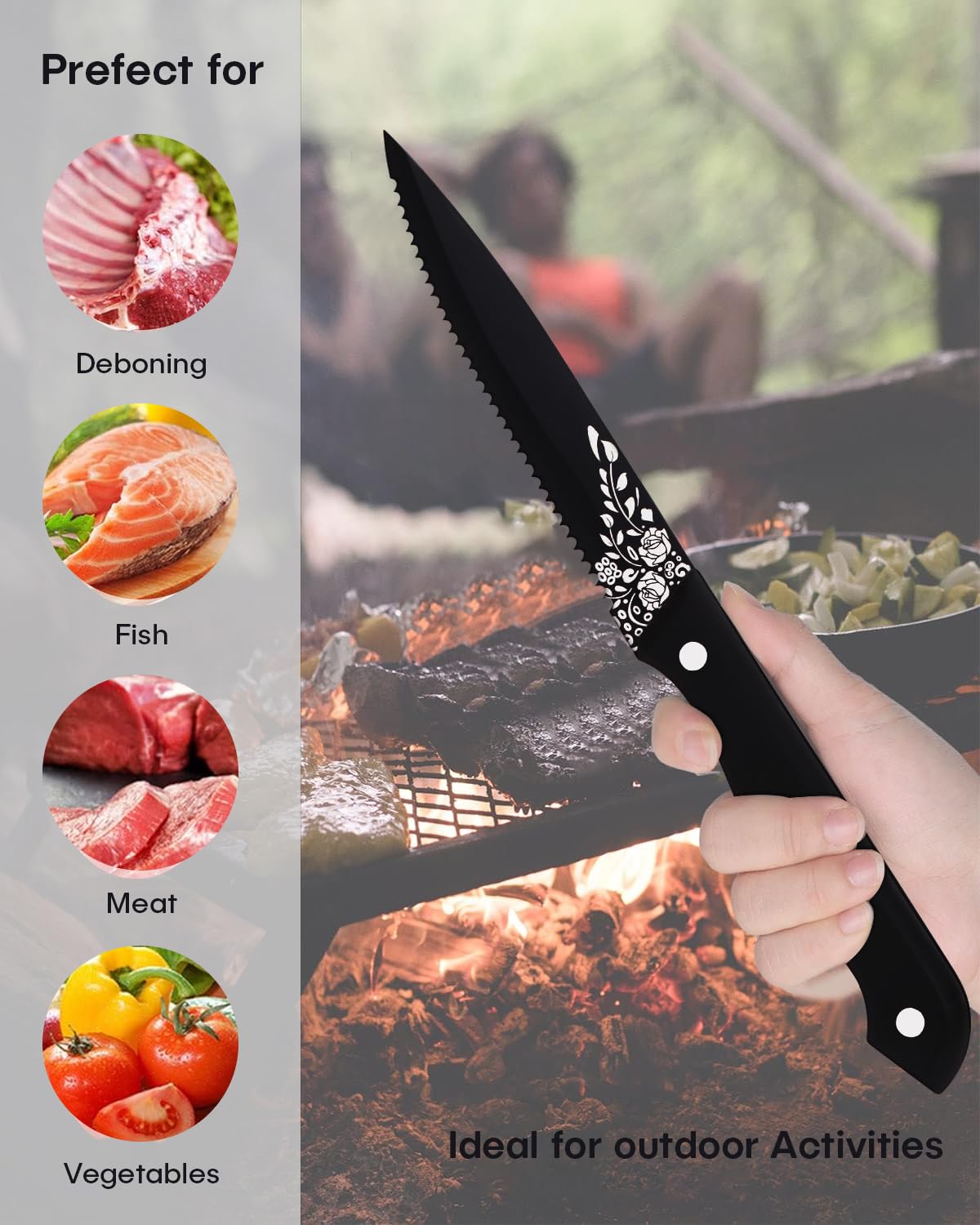 EUIRIO 8-Pieces Steak Knives,Matte Black Steak Knives Set of 8,Stainless Steel Serrated Steak Knives,Full Tang Triple-Riveted Dinner Knives with Laser Pattern,Dishwasher Safe for Kitchen Restaurant