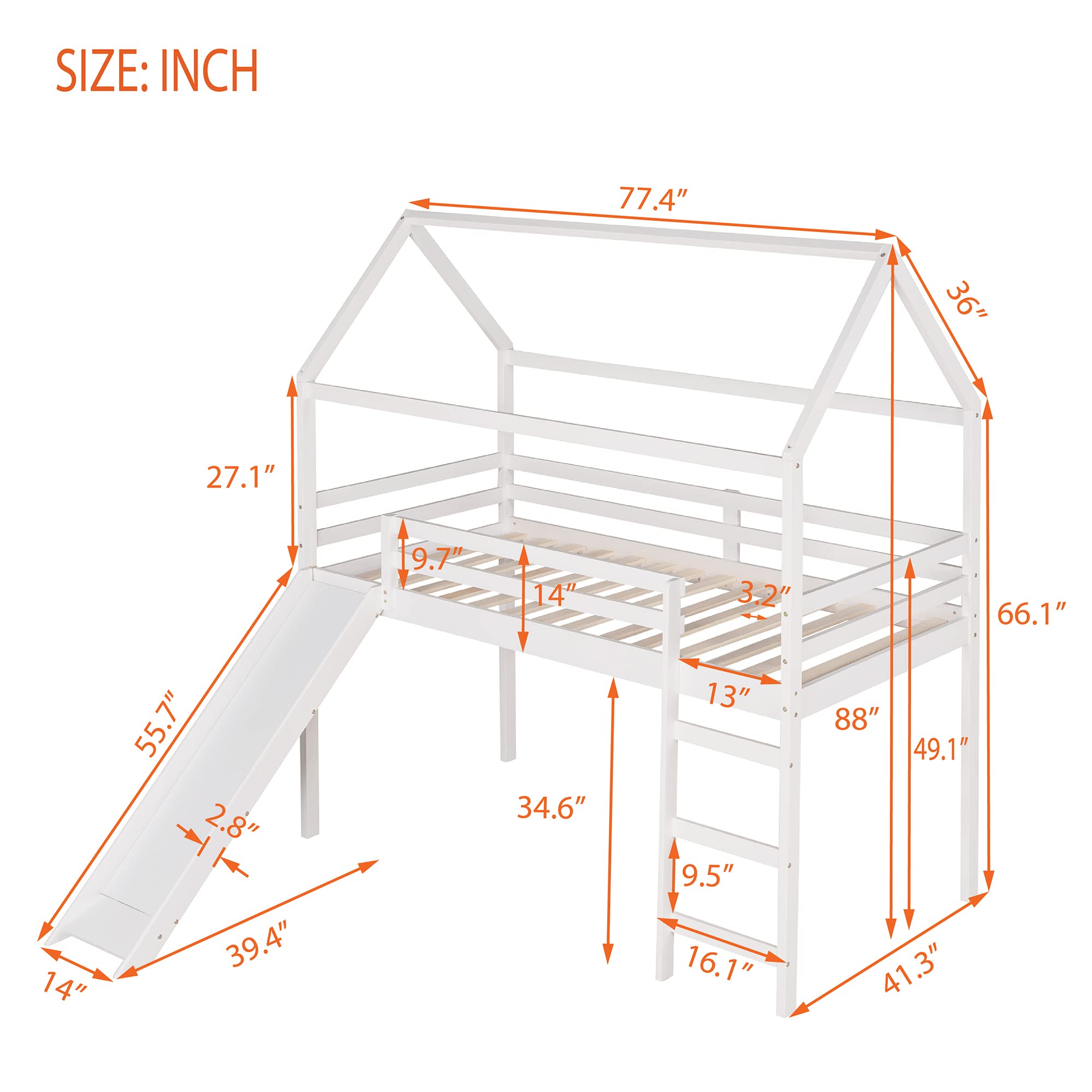 Harper & Bright Designs Twin Size Loft Bed with Slide, House Loft Bed with Slide, Solid Wood Bed Frame for Kids Girls & Boys, White