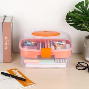 BTSKY 2 Tier Multipurpose Oval Storage Box with 2 Trays Clear Plastic Storage Container Case Craft Organizers and Storage Portable Sewing Box Office Supply Organizer, 11" Lx8.3 Wx6.7 H, Orange