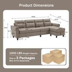 Jarenie 107" Convertible Sectional Sofa, 4-Seat L Shaped Couch with Storage Chaise Lounge and Side Pocket, Modern Linen Fabric Sectional Couches for Living Room（Light Grey）