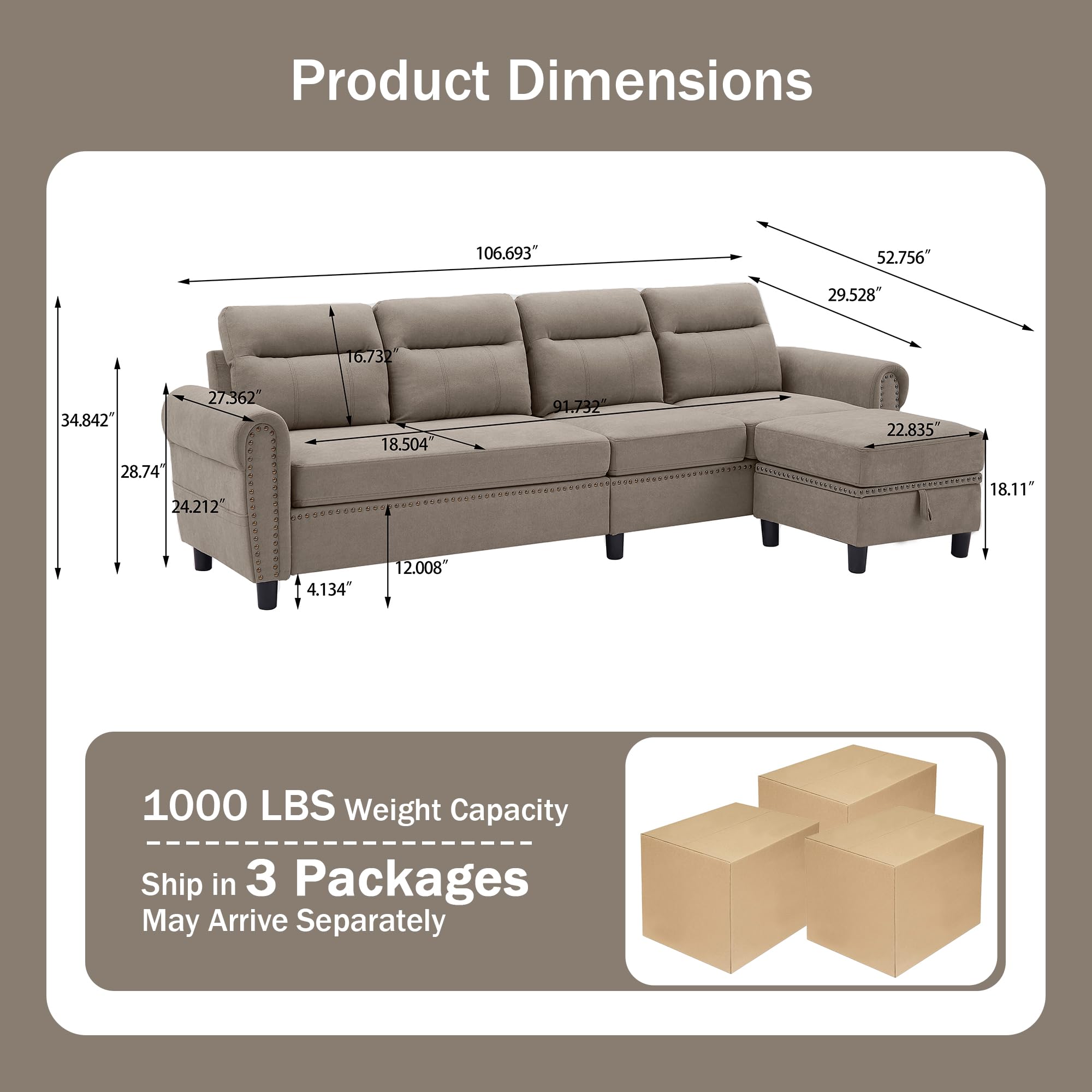 Jarenie 107" Convertible Sectional Sofa, 4-Seat L Shaped Couch with Storage Chaise Lounge and Side Pocket, Modern Linen Fabric Sectional Couches for Living Room（Light Grey）