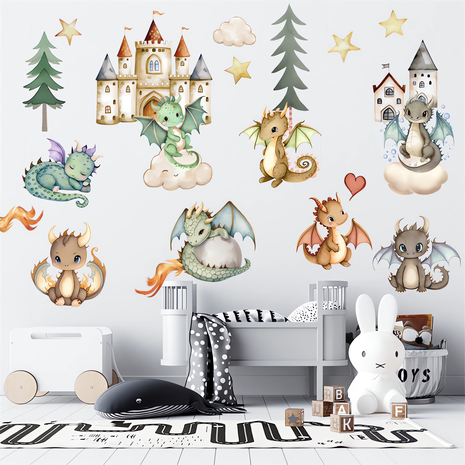 Cute Dinosaur Cub Wall Stickers, sacinora Baby Dinosaurs Cartoon Castle Animals DIY Wall Decals Removable Vinyl Peel and Stick for Boy Kids Nursery Living Room Bedroom Children's Room Art Decorations