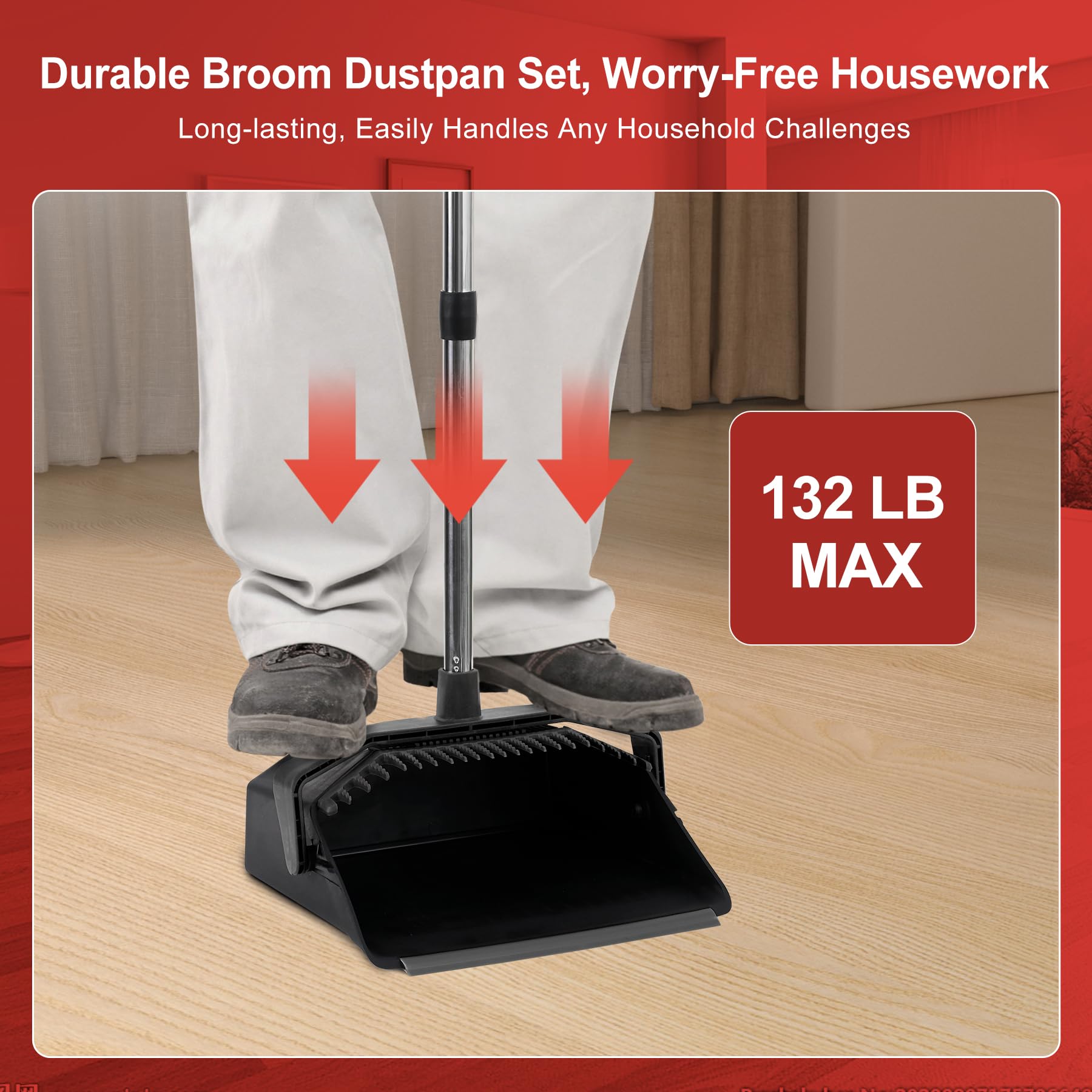 Tiumso Broom with Dustpan Combo Set 3-Pack, Brooms and Dustpans Sets with Long Handle, Industrial Broom and Dust Pan for Kitchen Shop Warehouse Lobby Patio Deck Garage - Black