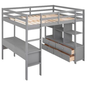 Full Size Loft Bed with Desk and Storage Drawers, Wood Loft Beds Frame with Bookcase and Shelves for Dorm Bedroom, High Loft Bed for Kids Adults Boys Girls Teens, Gray