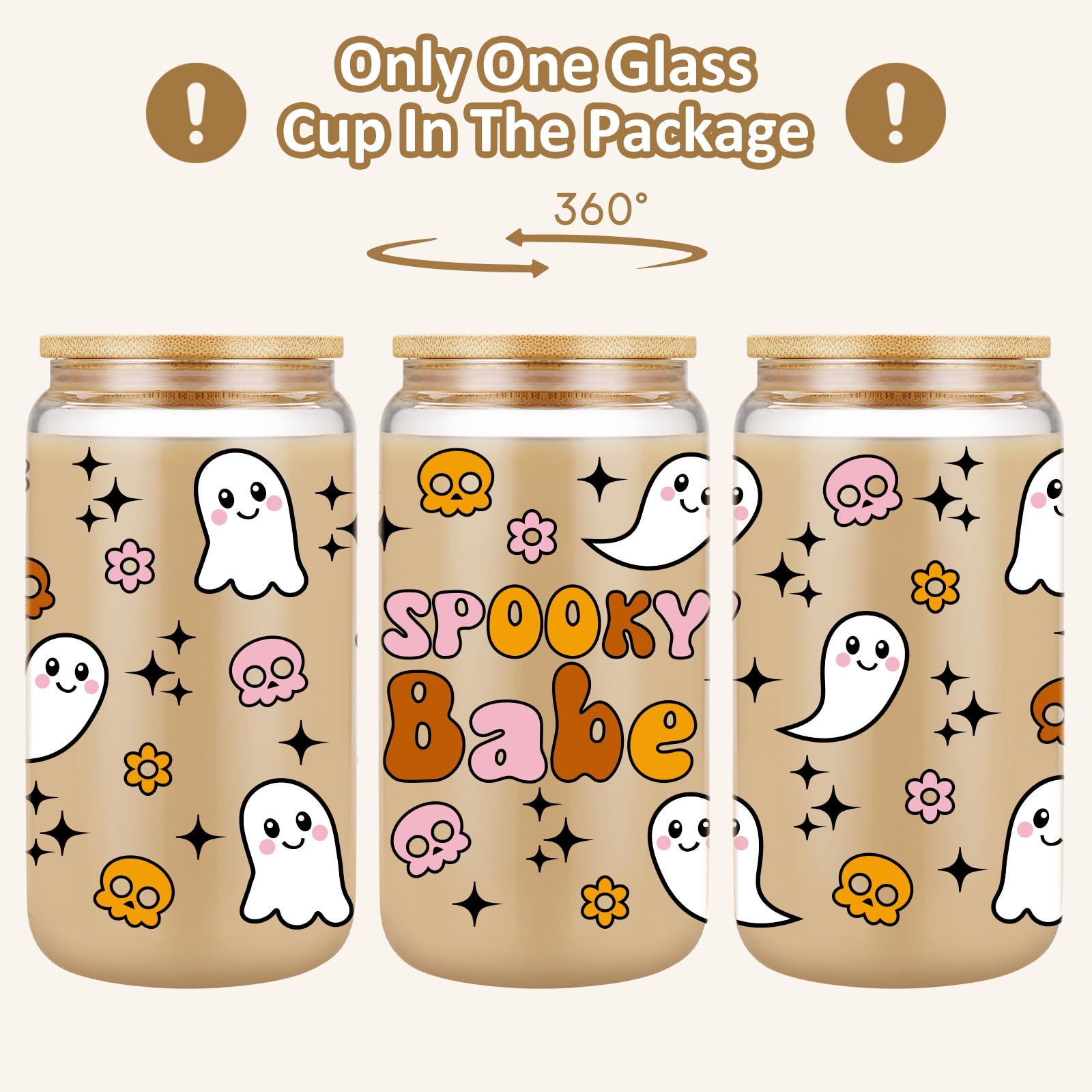 Fairy's Gift Halloween Spooky Cup, Cute Ghost Glass Cup with Lid and Straw, Spooky Babe & Ghost Skulls Halloween Cup, Spooky Ice Coffee Cup - Halloween Gifts, Spooky Gifts for Women, Teens, Her