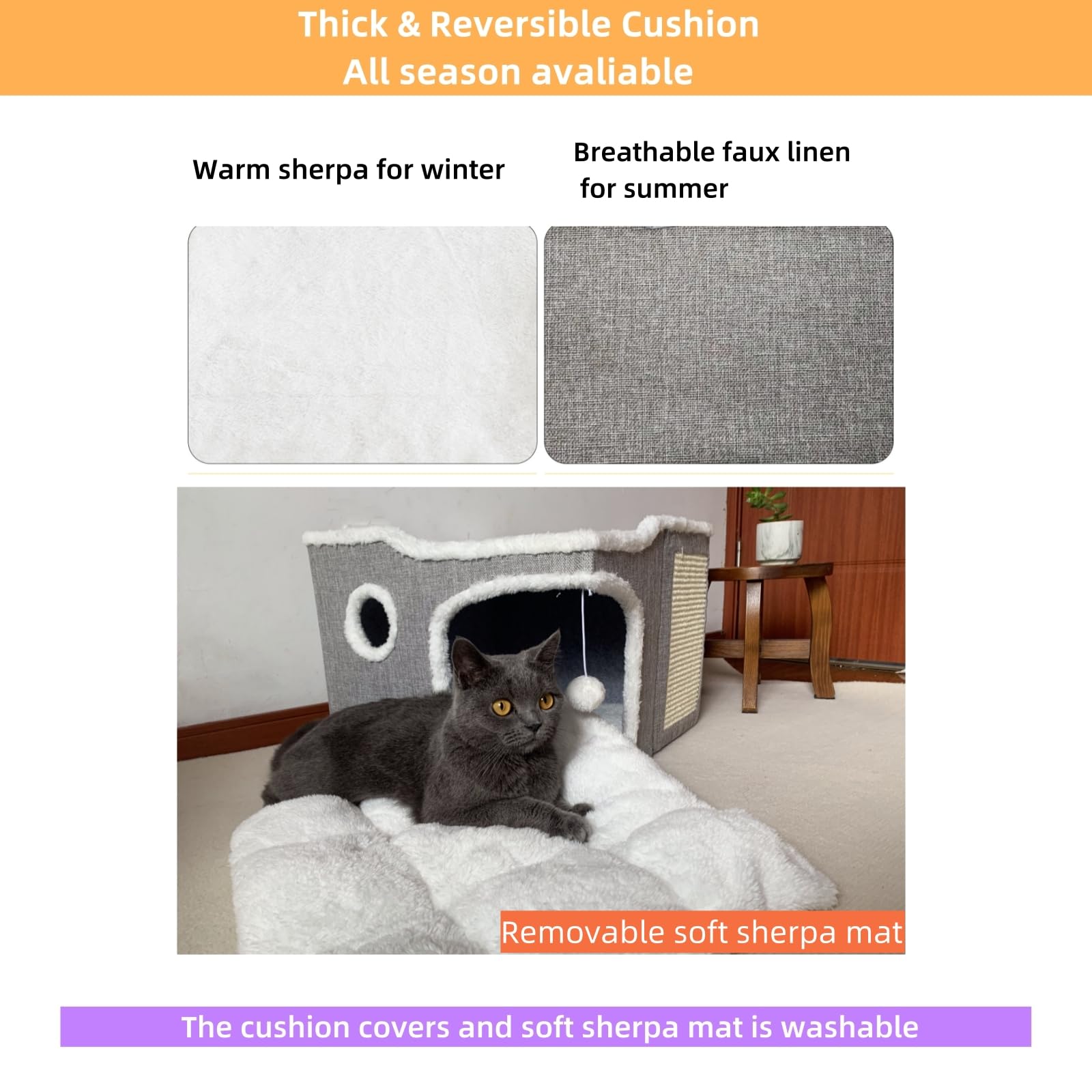 Heerduos Cat Bed for Indoor Cats,Covered Cat Cave House & Furniture with Scratch Pad,Foldable Cat Hideaway Hut Cute Cat Condo with Soft Washable Mat for Multi Small Pet Under 30 lbs,Light Grey