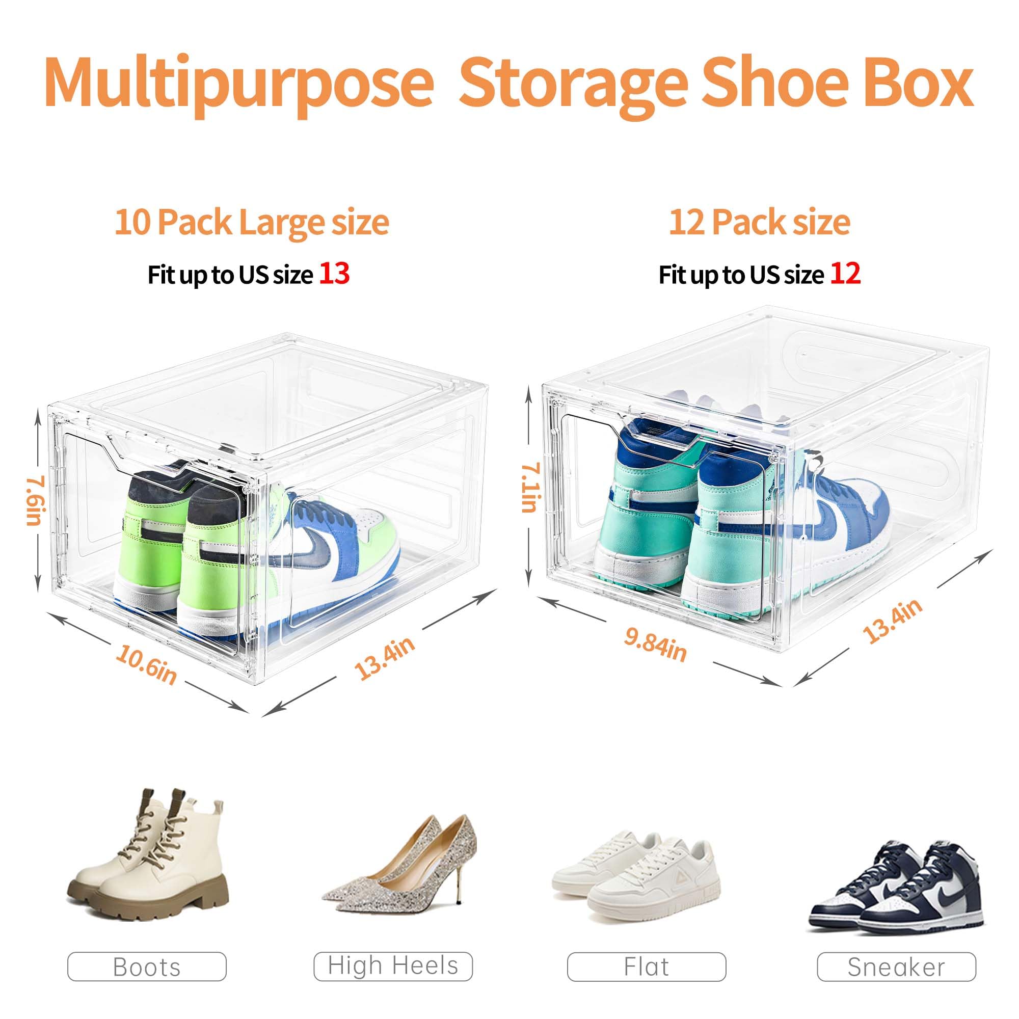 10 Pack Large Shoe Boxes Clear Plastic Stackable,Shoe Storage Organizer with Lids,Shoe Rack for Closet,Shoe Organizer and Shoe Containers for Sneaker Storage, Shoe Display Case Fit up to US Size 13