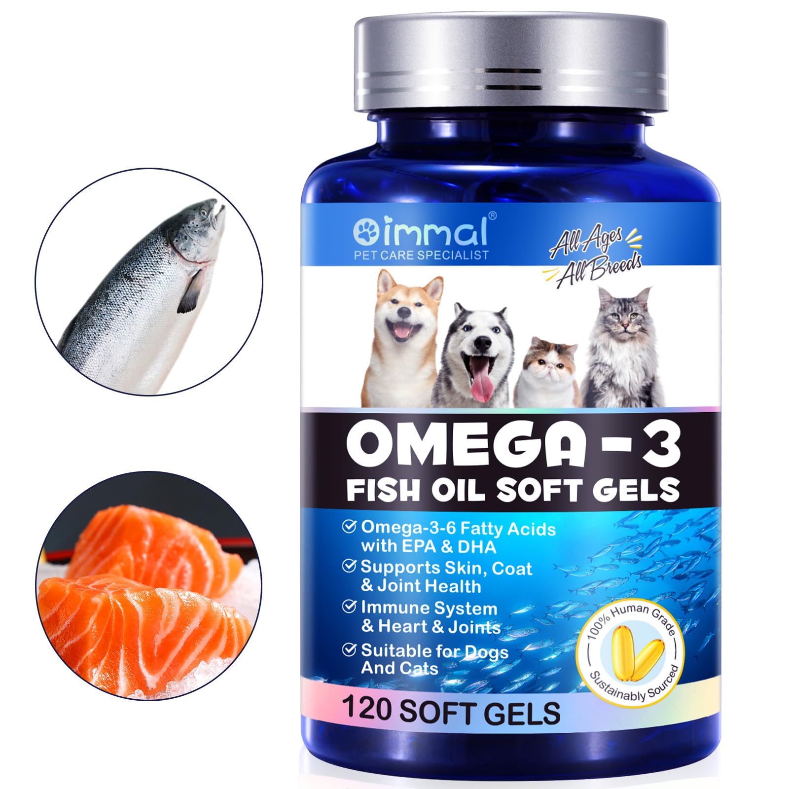 Omega-3 Pet, Salmon Oil Soft Gels for Dogs and Cats (120pcs)- Skin and Coat Health Supplement with EPA & DHA Fatty Acids, Omega-3 Fish Oil Pills Treats for Pet Shedding, Skin Allergy, Itch Relief