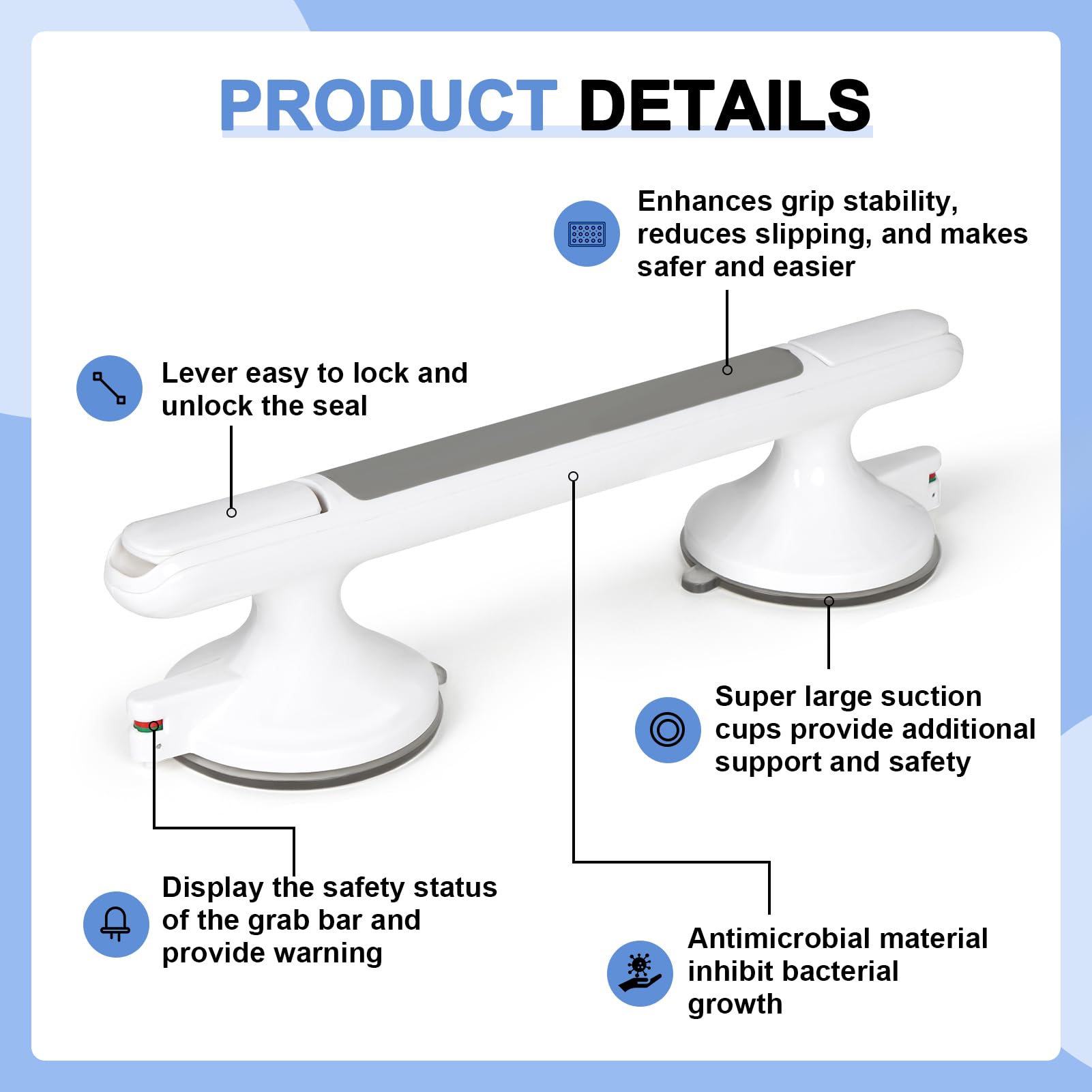 Grab Bars for Shower, Shower Handle for Bathroom, Suction Cup Grab Bars with Indicators, Shower Handles for Elderly, Handicap Grab Bars for Senior, Tool Free & No Drill Balance Bar for Bathtub