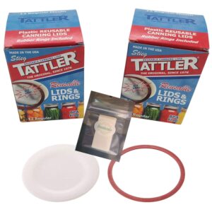 reusable canning lids bundle includes 24 regular mouth tattler lids and rings and 24 dissolvable sunivale jar labels for use with hot water bath, vacuum sealer and pressure canning methods made in usa