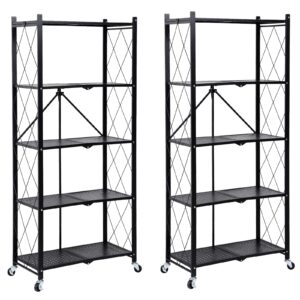 simple deluxe healsmart 5-tier heavy duty foldable metal rack storage shelving unit with wheels moving easily organizer shelves great for garage kitchen holds up to 1250 lbs capacity, black,2 pack