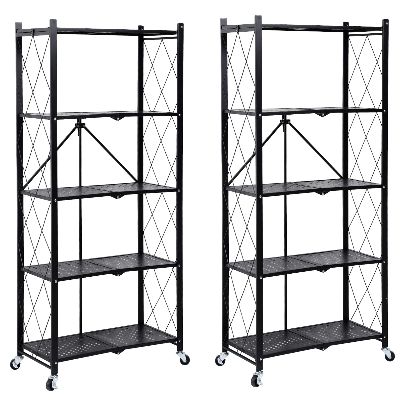 Simple Deluxe HealSmart 5-Tier Heavy Duty Foldable Metal Rack Storage Shelving Unit with Wheels Moving Easily Organizer Shelves Great for Garage Kitchen Holds up to 1250 lbs Capacity, Black,2 Pack