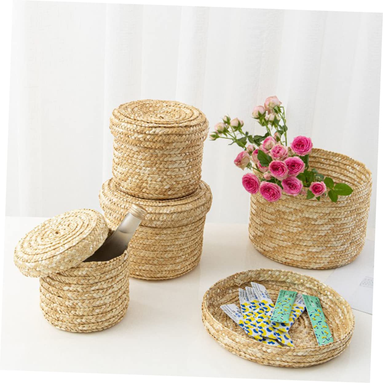 NOLITOY 1pc Straw Storage Basket Wicker Cub Baskets Wicker Serving Basket Hyacinth Basket Bin Woven Wheat- Straw Bin Egg Decorating Woven Tray Handwoven Round Basket Child Straw Box