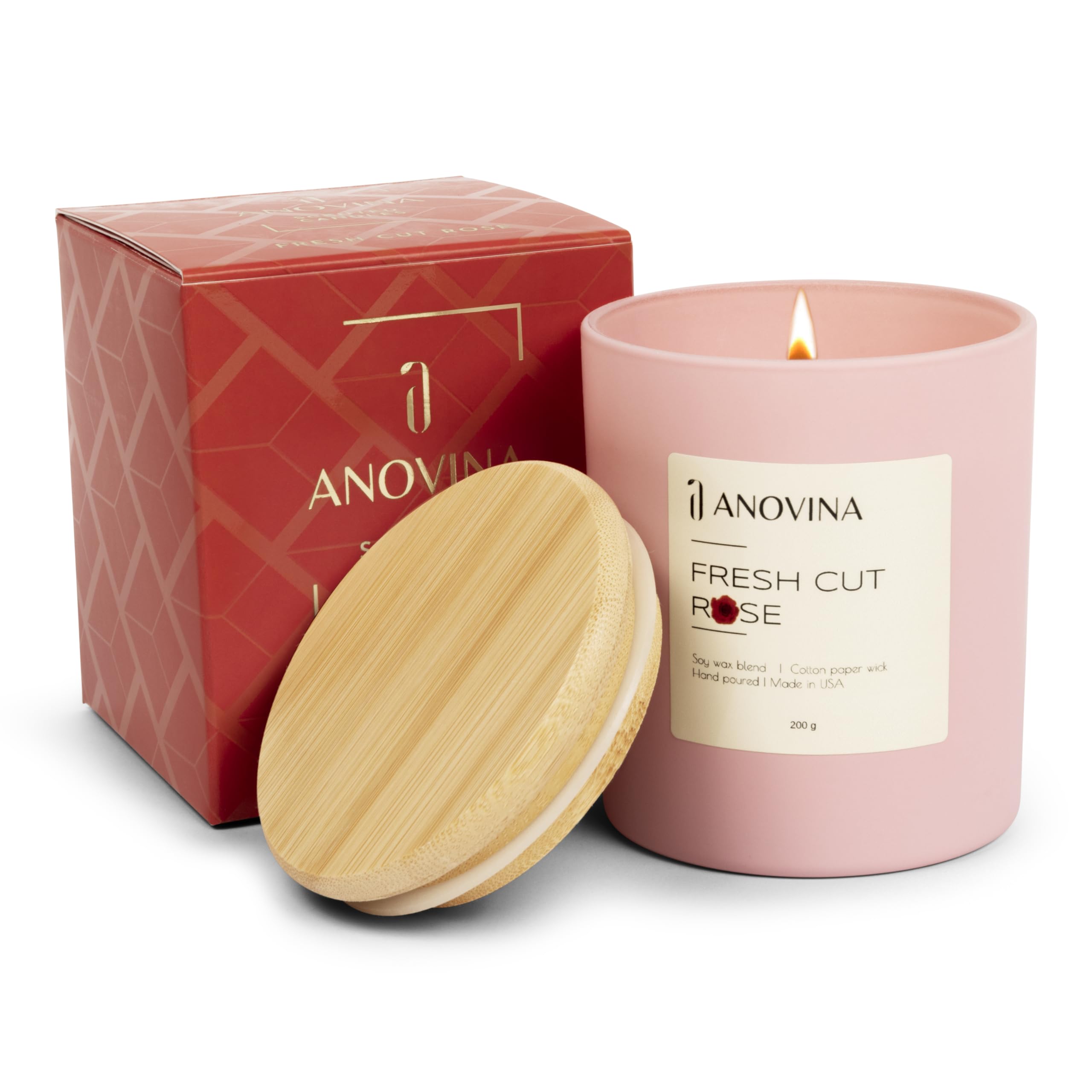 Anovina Soy Blend Rose Scented Candle with Gift Box. Non Toxic Candles for Home Rose Candle Gifts for Women, Glass Jar with Bamboo Lid. Smell The Freshly Cut Roses