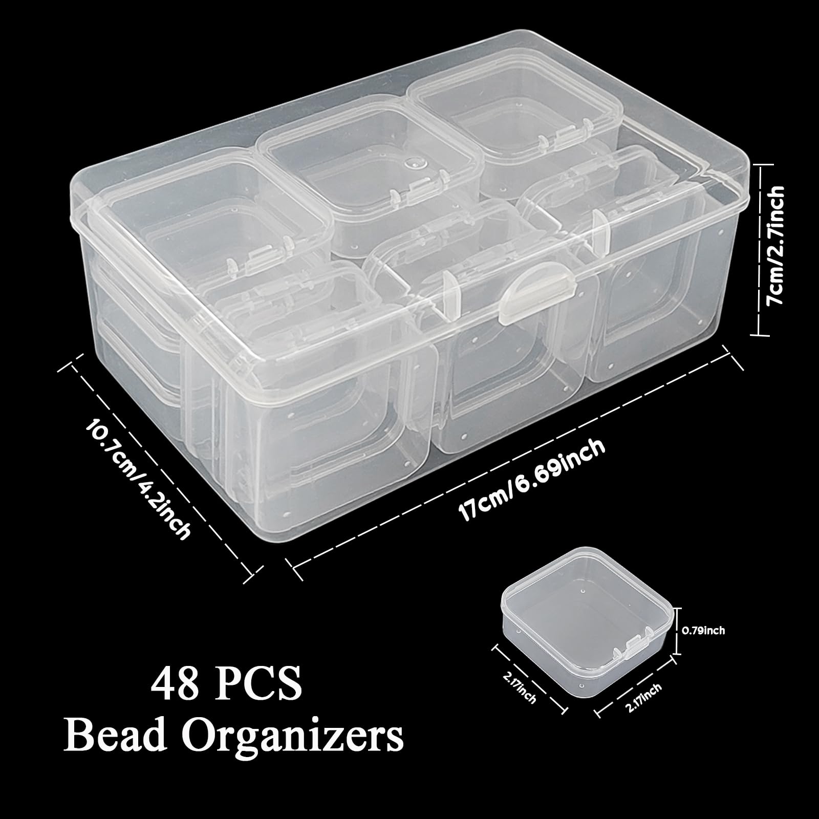 48Pcs Bead Organizer Storage Boxes,Small Clear Plastic Containers Box with Hinged Lid for Jewelry,Diamonds,DIY Art Craft Accessory(2.17 x 2.17 x 0.79 Inch)