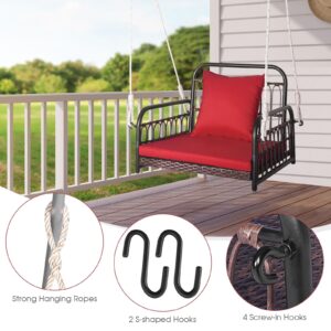 HAPPYGRILL Hanging Porch Swing, Single Person Outdoor Hanging Seat w/Back Cushion & Seat Cushion, Ropes, Porch PE Wicker Swing, Perfect for Garden, Deck, 400 lbs Capacity