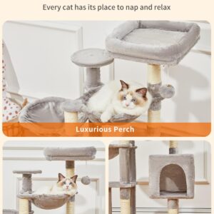 Taoqimiao Cat Tree, 39.4-Inch Cat Tower for Indoor Cats,Suitable for Kittens,Plush Cat Condo with 5 Scratching Posts, Plush Perch,2 Hammock,Pompoms, MS019W Light Gray