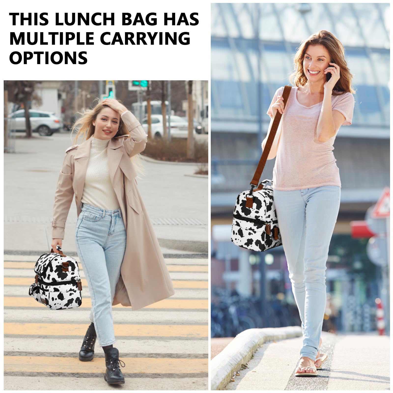 LOKASS Lunch Box for Women-Double Deck Insulated Adults Lunch Bag with Removable Shoulder Strap-Cow Print Cute Wide Open Lunch Tote for Work/Office/Picnic/Beach/Travel