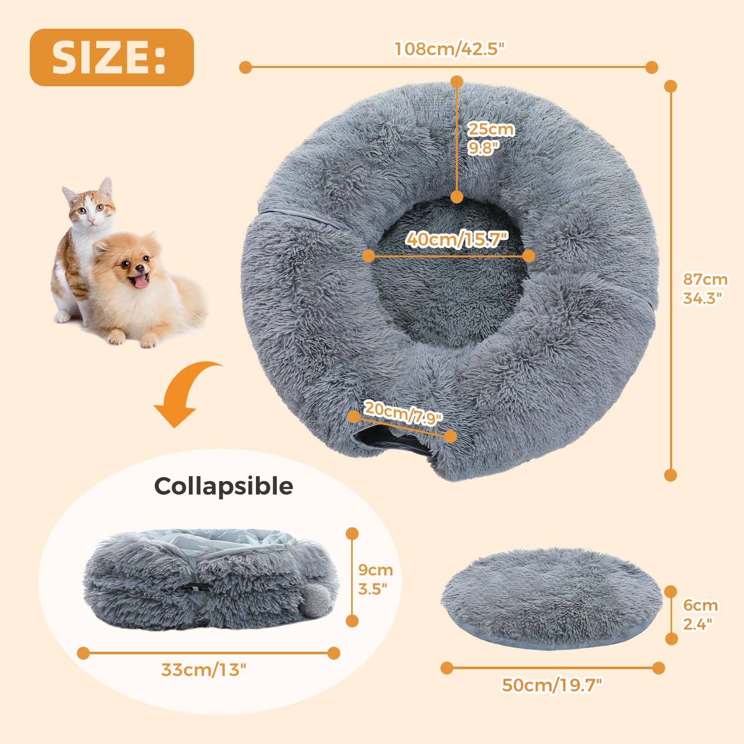 PAWZ Road Large Cat Tunnel, Cat Tunnel Bed with Central Soft Mat and Dangling Balls, Collapsible Fluffy Plush Cat Tube (9.8 Inches in Diameter) for Indoor Cats, Rabbits and Puppies