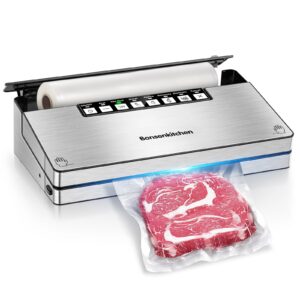 bonsenkitchen vacuum sealer machine, stainless steel vacuum food sealer with 8-in-1 vacuum sealing system, 6 food vacuum modes, built-in cutter and bag storage, fully starter kits (bright silver)