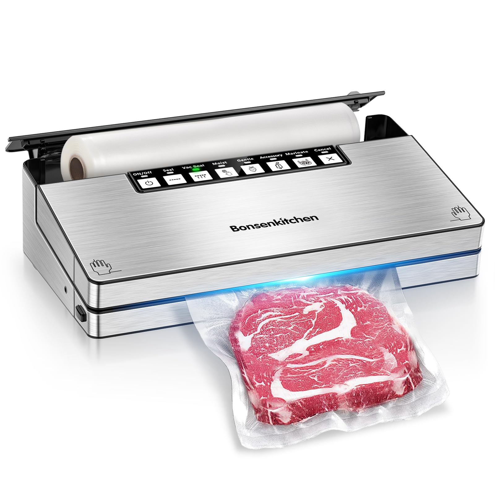 Bonsenkitchen Vacuum Sealer Machine, Stainless Steel Vacuum Food Sealer with 8-in-1 Vacuum Sealing System, 6 Food Vacuum Modes, Built-in Cutter and Bag Storage, Fully Starter Kits (Bright Silver)