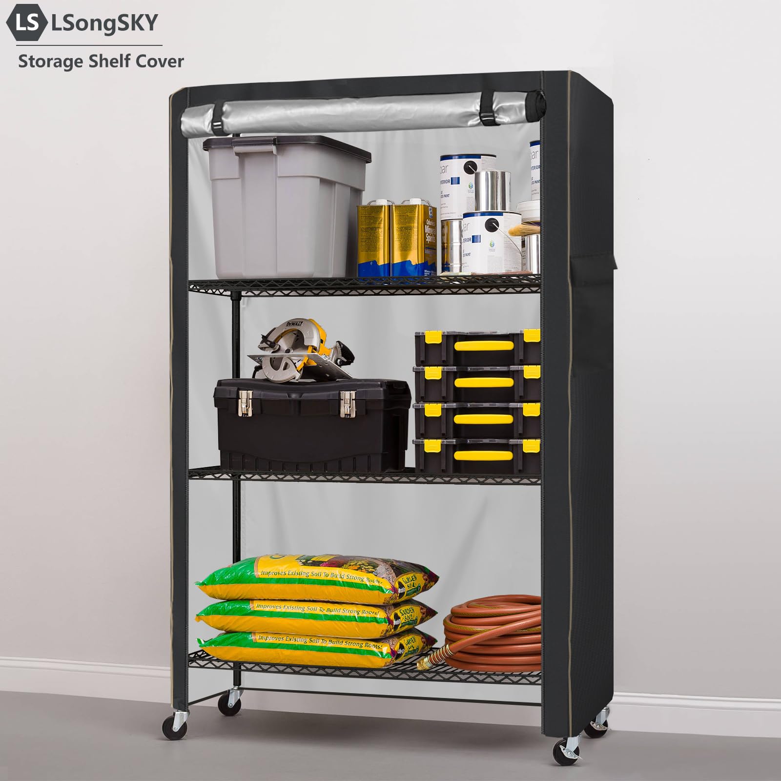 LSongSKY Shelf Cover Waterproof,Shelf Covers for Wire Shelving,Waterproof Heavy Duty Storage Shelves Cover,Keep Garage,Closet,Kitchen,Yard Neat,Fits Racks 48" W x 18" D x 72" H,Black