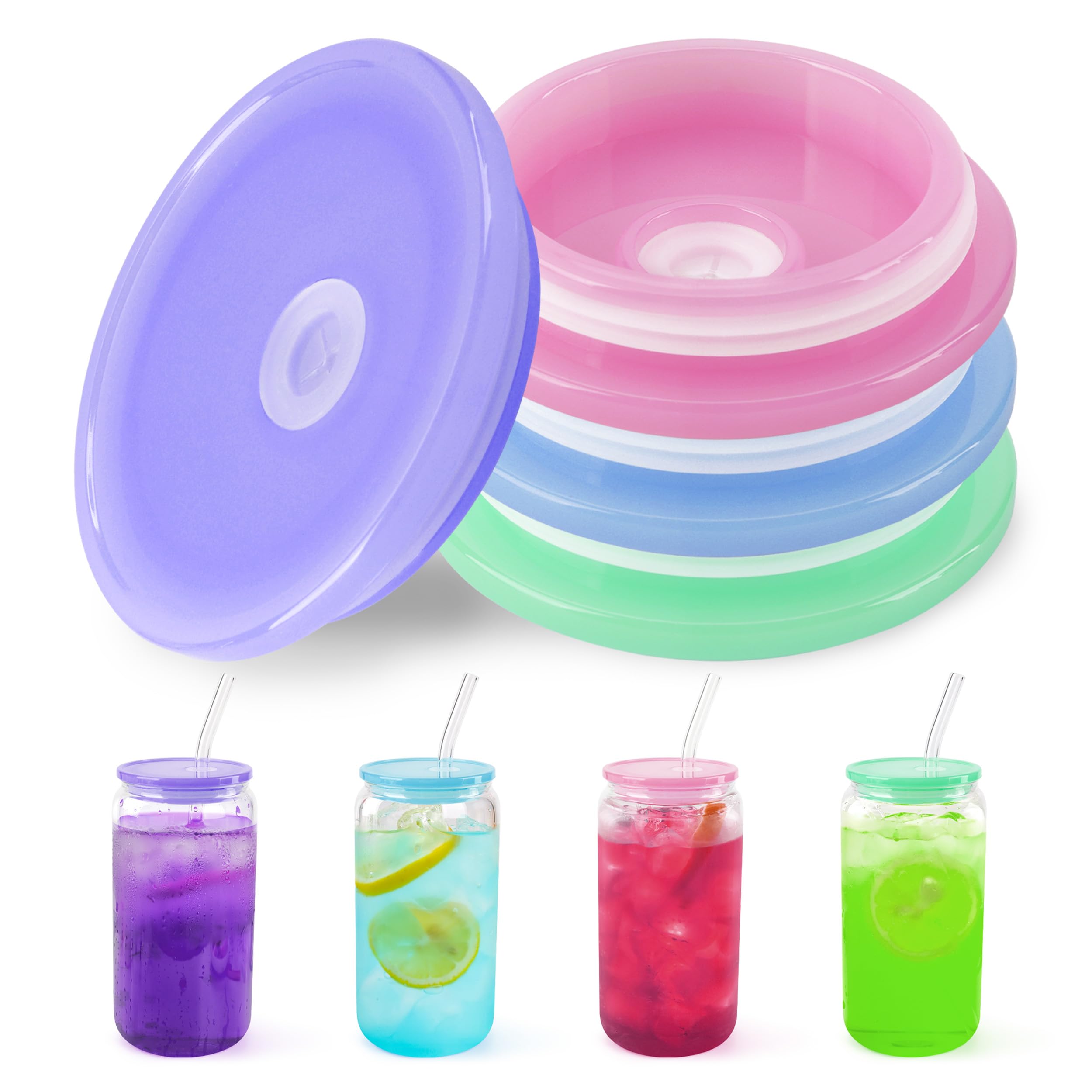 Joyclub 4 Pack Acrylic Lids for 16 oz /20 oz Glass Cups with Bamboo Lids and Straws Reusable Iced Coffee Cup Beer Can Drinking Glasses for Smoothie Whiskey Boba Soda Tea Gift (Candy Color)