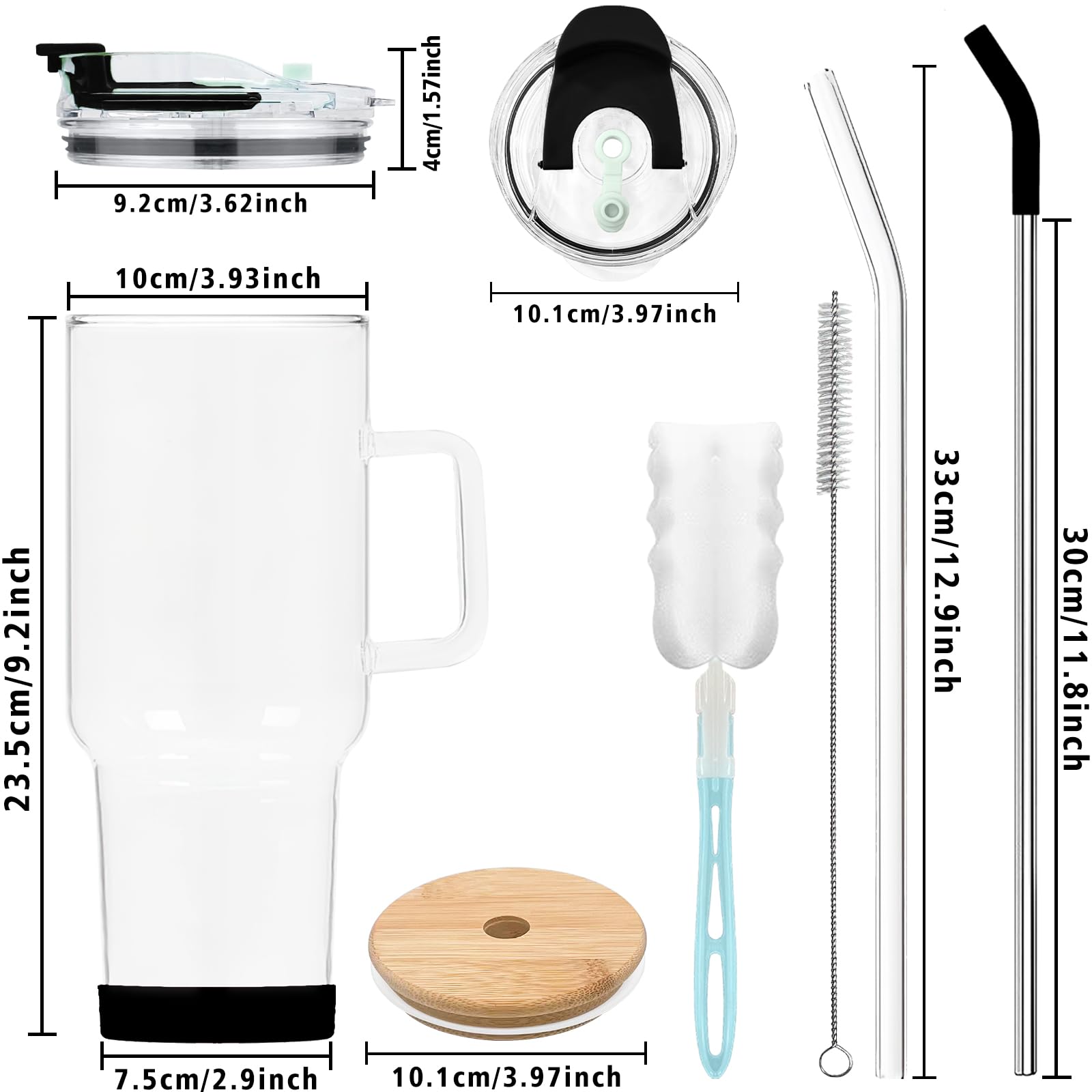 AiHeart Glass Tumbler with Lid and Straws,40oz Large Capacity Glass Cup with Handle,Drinking Glasses with Silicone Coaster,Glass Water Cup,Smoothie Cup,Beer Cup,Ice Coffee Cup,Fits In Cup Holder