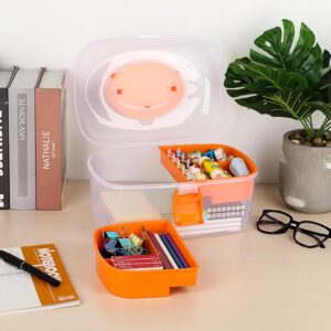 BTSKY 2 Tier Multipurpose Oval Storage Box with 2 Trays Clear Plastic Storage Container Case Craft Organizers and Storage Portable Sewing Box Office Supply Organizer, 11" Lx8.3 Wx6.7 H, Orange