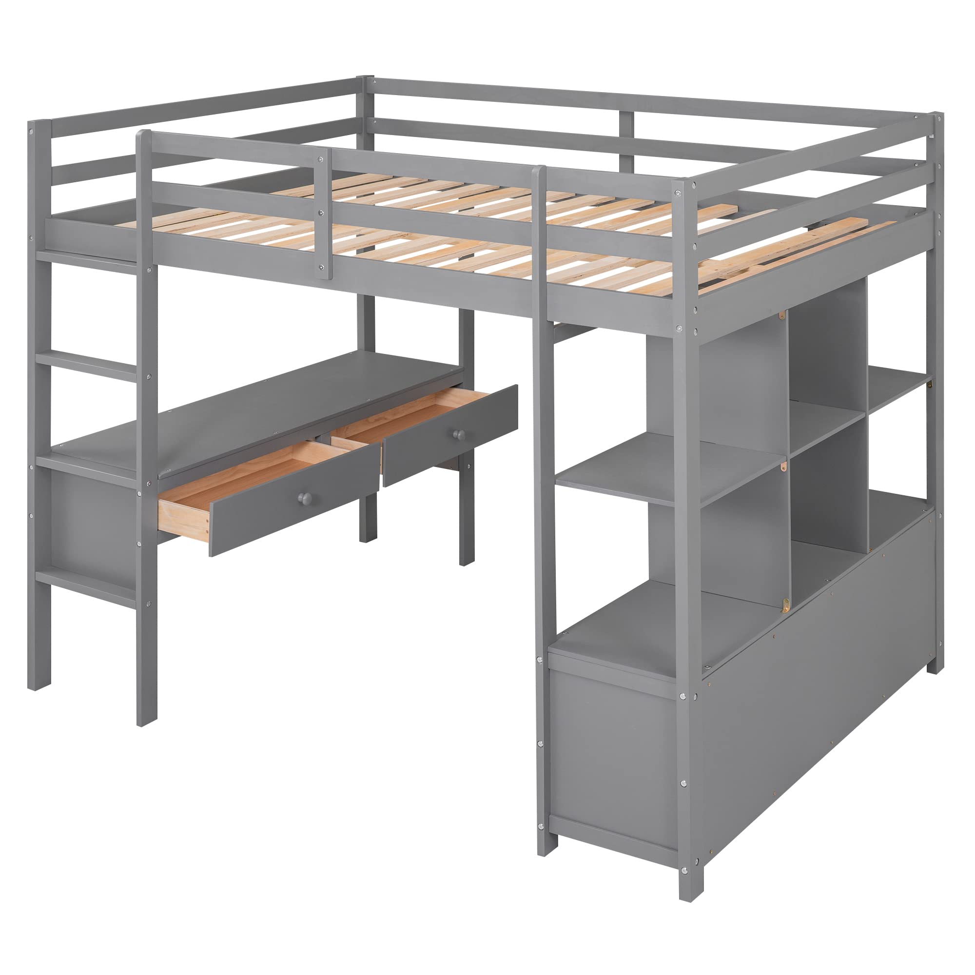 Full Size Loft Bed with Desk and Storage Drawers, Wood Loft Beds Frame with Bookcase and Shelves for Dorm Bedroom, High Loft Bed for Kids Adults Boys Girls Teens, Gray