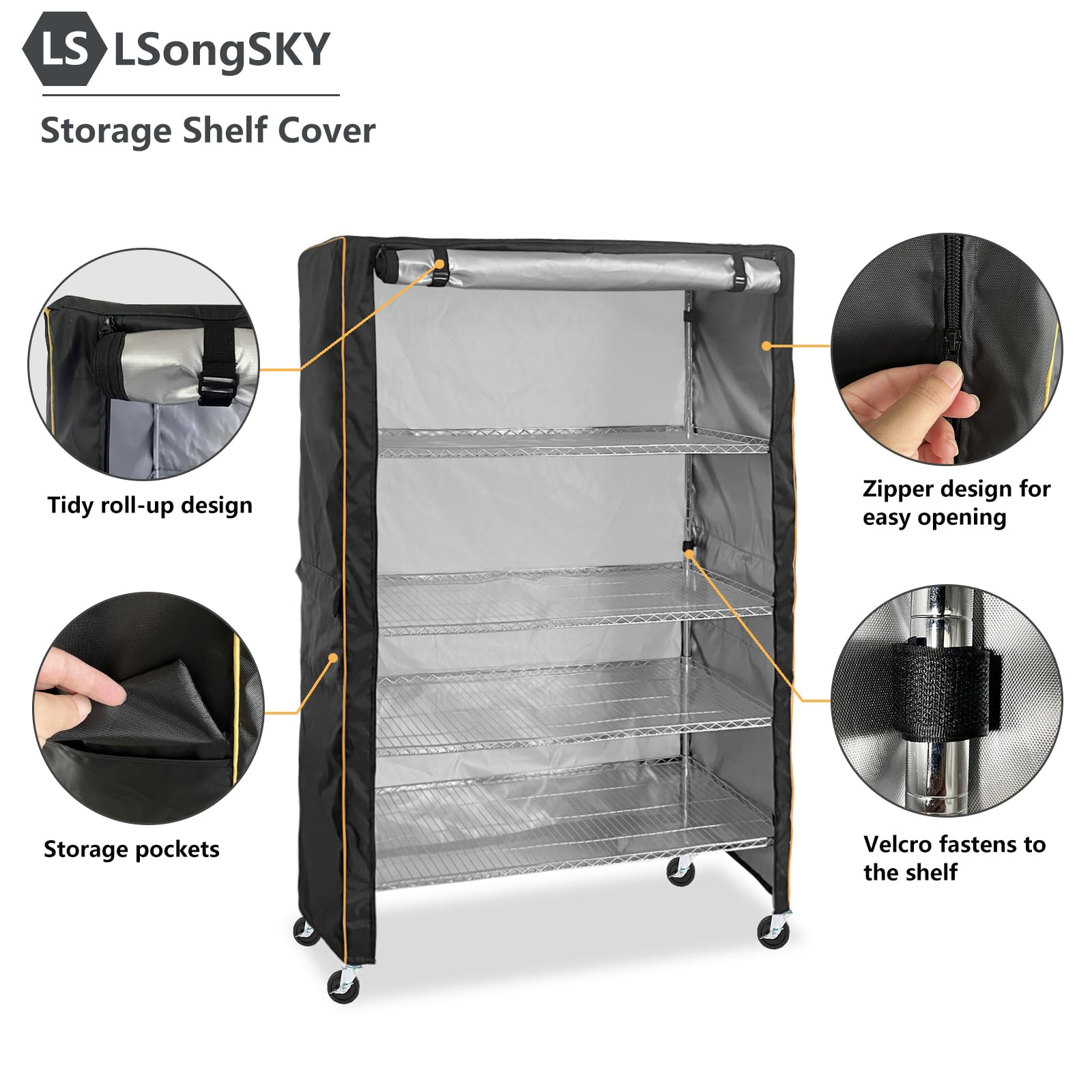 LSongSKY Shelf Cover Waterproof,Shelf Covers for Wire Shelving,Waterproof Heavy Duty Storage Shelves Cover,Keep Garage,Closet,Kitchen,Yard Neat,Fits Racks 48" W x 18" D x 72" H,Black