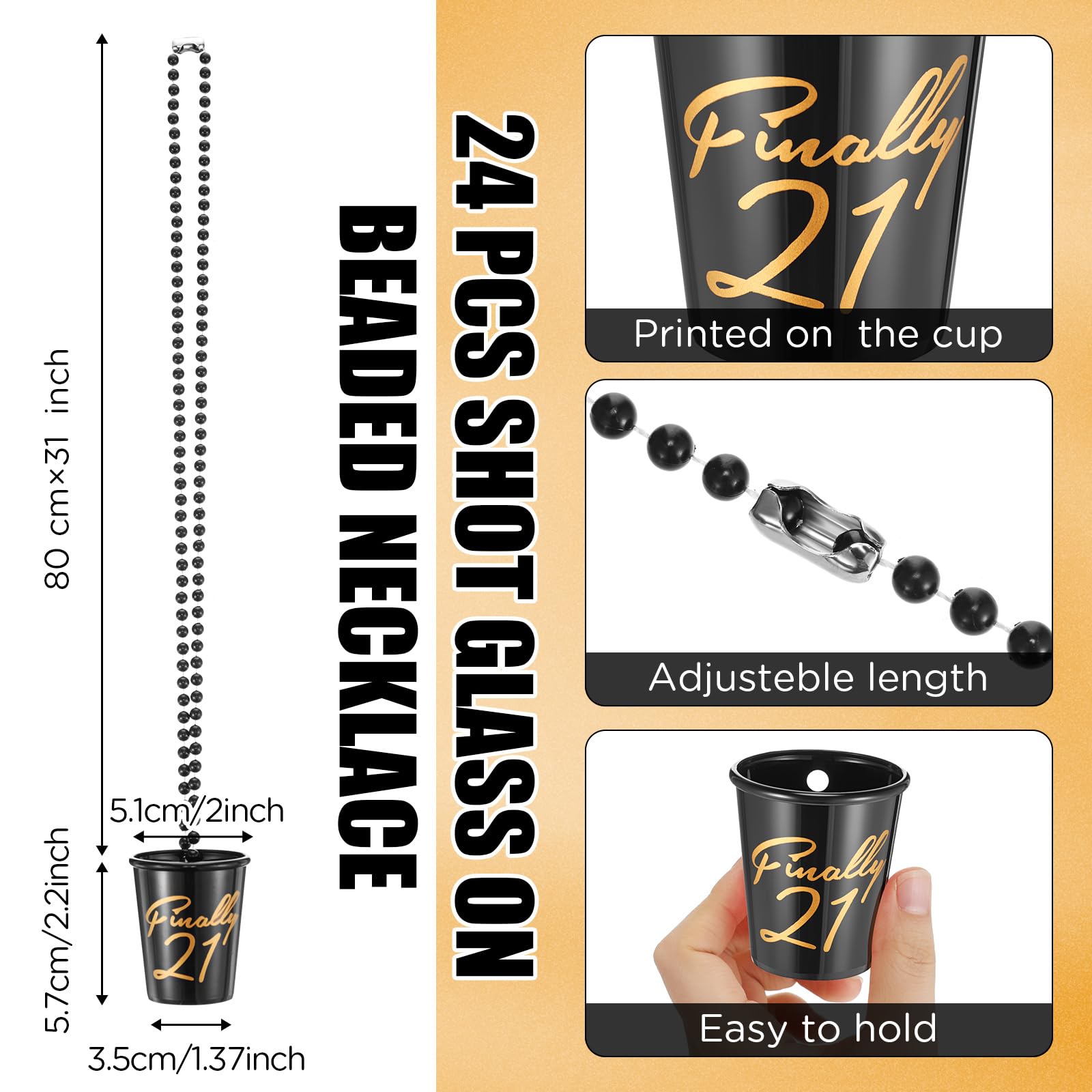 Bokon 24 Pcs 21st Birthday Shot Glass Finally 21 Birthday Shot Necklaces Cups Plastic 21st Shot Glass on Beaded Necklaces for Adults Birthday Party Supplies Favors Decorations (Black)